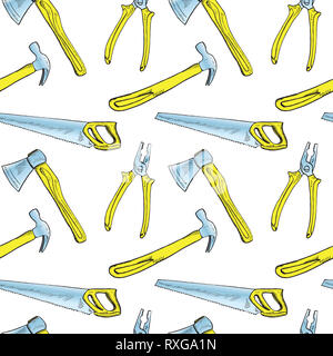 Handsaw, martello, pinze e ax, seamless pattern design, disegnati a mano doodle, schizzo in pop art style, Illustrazione a colori, sfondo bianco Foto Stock