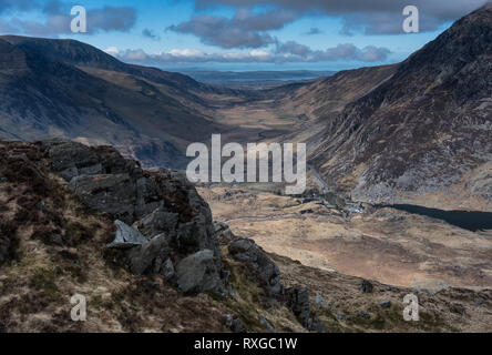 La Valle Ogwen & Nant Ffrancon da Y Gribin, Snowdonia National Park, North Wales, Regno Unito Foto Stock