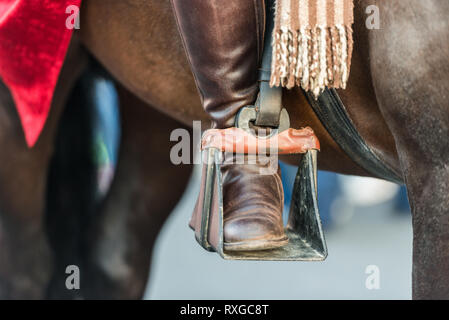Il piede di un ciclista sulla staffa di un cavallo Foto Stock
