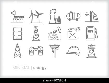 Set di 15 industria energetica le icone della linea comprese le fonti energetiche fossili e di energia del combustibile Illustrazione Vettoriale