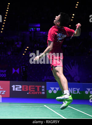 Birmingham, Regno Unito. 9 Mar, 2019. Overgrip Yonex tutti Inghilterra aprire Badminton campionati, giorno 4; doppio misto corrispondono, ZHENG Siwei e HUANG Yaqiong della Cina versus Praveen Giordania e Melati Daeva OKTAVIANTI dell Indonesia; ZHENG Siwei della Cina salta per un credito di smash: Azione Plus sport/Alamy Live News Foto Stock