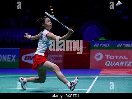 Birmingham, Regno Unito. 9 Mar, 2019. In Giappone il Nozomi Okuhara compete durante le donne singoli semifinale partita con la Cina del Chen Yufei a All England Open Badminton Championships 2019 a Birmingham, Regno Unito il 9 marzo 2019. Credito: Han Yan/Xinhua/Alamy Live News Foto Stock