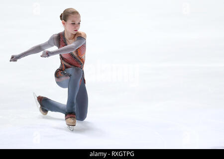 Zagabria, Croazia. 9 Mar, 2019. Alexandra Trusova della Russia compete durante la junior ladies pattinaggio di libera concorrenza del pattinaggio internazionale europea Junior World Figure Skating Championships a Zagabria in Croazia il 9 marzo 2019. Credito: Luka Stanzl/Xinhua/Alamy Live News Foto Stock