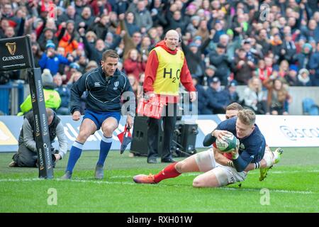 Edimburgo, Scozia. . 09Mar, 2019. firo: 09.03.2019 Rugby Guinness Sei Nazioni match tra la Scozia e il Galles in BT Murrayfield Stadium, Edimburgo, Darcy Graham (# 11) della Scozia punteggi a provare | Utilizzo di credito in tutto il mondo: dpa/Alamy Live News Foto Stock