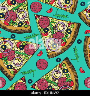 Hot pizza italiana fetta di salame, rucola, pomodoro, cipolla, olive e formaggio, disegnati a mano doodle, schizzo in pop art style, modello senza giunture Foto Stock
