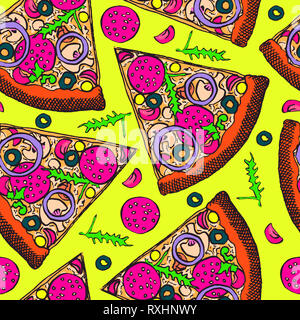 Hot pizza italiana fetta di salame, rucola, pomodoro, cipolla, olive e formaggio, disegnati a mano doodle, schizzo in pop art style, modello senza giunture Foto Stock