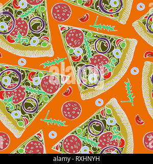 Hot pizza italiana fetta di salame, rucola, pomodoro, cipolla, olive e formaggio, disegnati a mano doodle, schizzo in pop art style, modello senza giunture Foto Stock