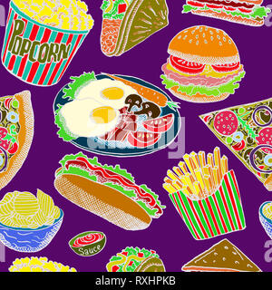 Hot Dog con una salsiccia, hamburger, sandwich, tacos, popcorn, chips, patatine fritte, pizza con salame, uova e pancetta sulla piastra, mano bozzetto Foto Stock