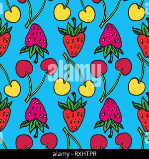 La fragola e ciliegio dolce, disegnati a mano doodle, schizzo in naive, pop art style, seamless pattern design Foto Stock