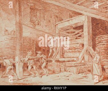 Premere il vino. Hubert Robert; francese, 1733-1808. Data: 1754-1764. Dimensioni: 289 × 366 mm. Gesso rosso su buff carta vergata, fissate sulla crema di latte di cui card. Provenienza: Francia. Museo: Chicago Art Institute. Foto Stock