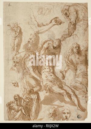 Schizzi per un lamento e una Pietà e delle varie figure, testine e un braccio (recto); schizzi del Cristo morto e delle varie figure e teste (verso). Jacopo Negretti, chiamato Palma il Giovane; Italiano, c. 1548-1628. Data: 1575-1585. Dimensioni: 275 x 195 mm. Penna e inchiostro bruno con pennello e lavaggio marrone (recto e verso), su avorio di cui la carta. Origine: Italia. Museo: Chicago Art Institute. Foto Stock