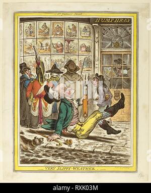 Molto scivolosa meteo. James Gillray (Inglese, 1756-1815), pubblicata da Hannah Humphrey (inglese, c. 1745-1818). Data: 1808. Dimensioni: 252 × 195 mm (nell'immagine); 260 × 205 mm (piastra); 283 × 235 mm (foglio). Colorate a mano di attacco sulla carta. Origine: Inghilterra. Museo: Chicago Art Institute. Foto Stock