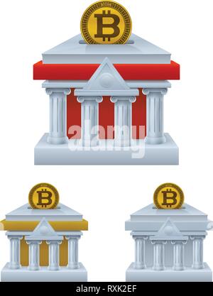 Banca edificio a forma di maialino con banche bitcoin su sfondo bianco. Financial concept design. Illustrazione Vettoriale