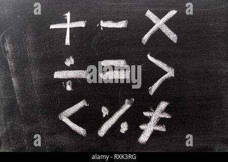 Colore bianco chak del disegno a mano in matematica forma del simbolo su sfondo blackboard Foto Stock