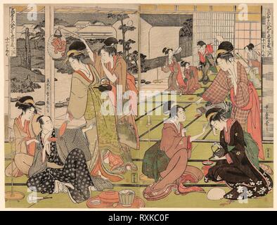 Agire undici dalla serie 'il dramma Chushingura parodiato da famose bellezze (Komei bijin mitate Chushingura Junimai Kuzuki)'. Kitagawa Utamaro ??? ??; Giapponese, 1753 (?)-1806. Data: 1790-1799. Dimensioni: 39,2 x 51,8 cm. Color woodblock stampe; oban dittico. Provenienza: Giappone. Museo: Chicago Art Institute. Foto Stock