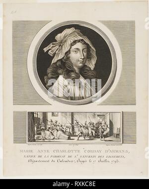 Marie Anne Charlotte Corday d'Armans, da tableaux historiques de la Révolution francaise, volume III. Jean Duplessi-Bertaux (Francese, 1747-1819); e Charles François Gabriel Levachez (francese, active 1780-1820). Data: 1793. Dimensioni: 178 × 177 mm (nell'immagine); 249 × 209 mm (foglio). Incisione e imbianchino della incisione su avorio carta Cina stabilite con chine collé su avorio carta intessuta. Provenienza: Francia. Museo: Chicago Art Institute. Foto Stock