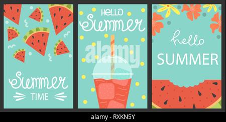 Set di 3 poster dell'estate. Vettore il concetto di design per l'estate. I cocomeri. Illustrazione Vettoriale