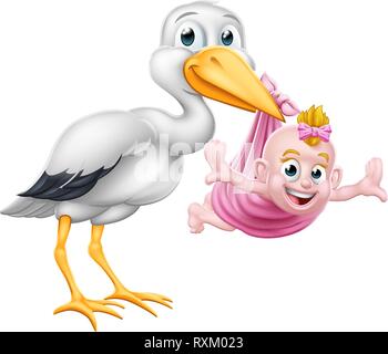 Stork Cartoon gravidanza mito Bird con Baby girl Illustrazione Vettoriale