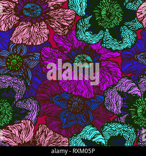 Papaveri colorati, disegnati a mano doodle, schizzo in naive, pop art style, seamless pattern design sui colori viola Foto Stock