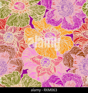 Papaveri colorati, disegnati a mano doodle, schizzo in naive, pop art style, seamless pattern design sui colori viola con profilo bianco Foto Stock