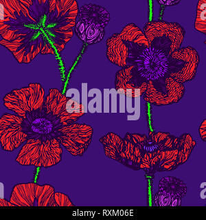 Papaveri rossi, disegnati a mano doodle, schizzo in naive, pop art style, perfetta design pattern su sfondo blu Foto Stock
