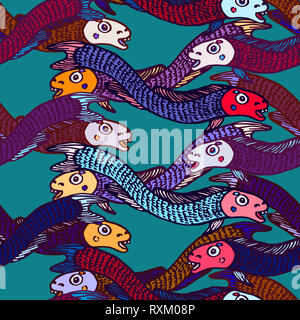 Funny colorata Anguilla Pesci, disegnati a mano doodle, schizzo in naive, pop art style, perfetta design pattern su sfondo verde Foto Stock