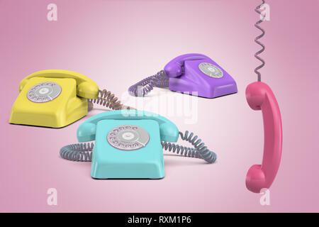 3D rendering di tre telefoni, viola, giallo e turquois, su uno sfondo rosa con una rosa ricevitore appeso sul suo filo. Foto Stock