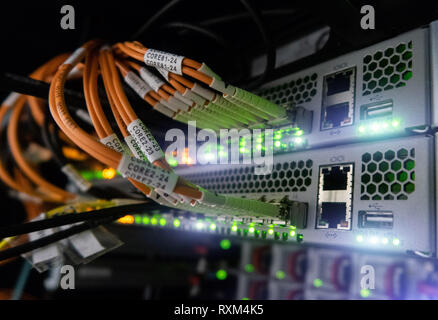 Il cavo ottico di close-up. Dispositivi di rete tecnologia, cavo in fibra ottica e l'interruttore. Foto Stock