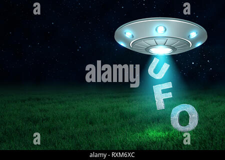 3D rendering di un UFO di notte al di sopra di un verde prato con le lettere U-F-O cadere giù dalla sua botola aperta. Foto Stock