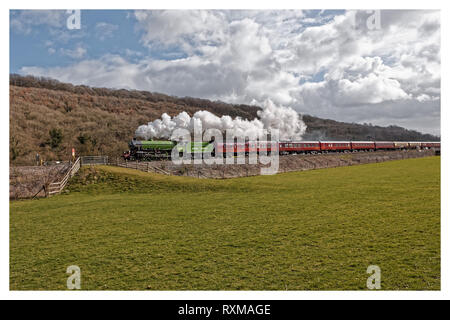 Treno a vapore Mayflower al sole di primavera Foto Stock