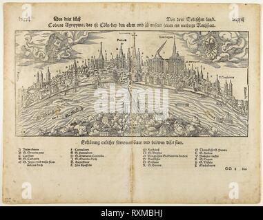 Vista di Colonia (recto) uomo appeso a un albero (verso), due ante DCCXXI-DCCXXIIII da Kosmographie da S. Münster, la piastra 45 da xilografie da libri del XVI secolo. Hans Rudolf Manuel Deutsch (Swiss, 1525-1572); assemblate da Max Geisberg (Swiss, 1875-1943). Data: 1564-1565. Dimensioni: 54 x 59 mm (immagine, recto); 169 x 255 mm (l'immagine/testo, recto); 318 x 124 mm (foglio piegato); 168 x 368 mm (immagine, il retro); 243 x 368 mm (l'immagine/testo, tergo); 319 x 409 mm (foglio, non piegate). Silografia su carta. Origine: Svizzera. Museo: Chicago Art Institute. Foto Stock