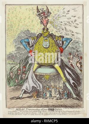 Midas, trasmutazione tutti, nella carta. James Gillray (Inglese, 1756-1815), pubblicata da Hannah Humphrey (inglese, c. 1745-1818). Data: 1797. Dimensioni: 335 × 240 mm (nell'immagine); 355 × 247 mm (piastra); 365 × 265 mm (foglio). Colorate a mano di attacco sulla carta. Origine: Inghilterra. Museo: Chicago Art Institute. Foto Stock