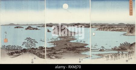 Vista serale di otto famosi siti a Kanazawa (Buyo hassho Kanazawa yakei). Utagawa Hiroshige ?? ??; Giapponese, 1797-1858. Data: 1857. Dimensioni: 35,9 x 74,9 cm (14 1/8 x 29 1/2 in.). Color woodblock stampe; Trittico di Oban. Provenienza: Giappone. Museo: Chicago Art Institute. Foto Stock