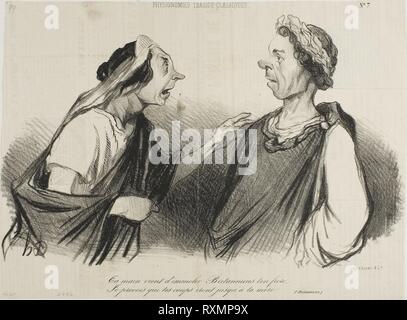 " La tua mano si recò per uccidere Britannicus tuo fratello. Prevedo i tuoi colpi andranno presto tua madre,' la piastra 7 da Physionomies Tragico-Classiques. Honoré Daumier Victorin; francese, 1808-1879. Data: 1841. Dimensioni: 173 × 277 mm (nell'immagine); 206 × 277 mm (foglio). Litografia in bianco e nero in crema carta intessuta con testo aggiunto in un altro canto e stampa tipografica verso. Provenienza: Francia. Museo: Chicago Art Institute. Autore: Honoré-Victorin Daumier. Foto Stock