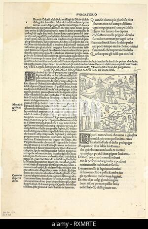 Inferno: Canto XII (cerchio 7, primo anello) dalla Divina Commedia (Divina Commedia), piastra 52 da xilografie da libri del XV secolo. Artista sconosciuto (Venezia, tardo XV secolo); stampato e pubblicato da Petrus de Quarengiis (italiano, attivo 1492-1514); testo originale da Dante (Italiano, c. 1265-1321); testo del portafoglio da Wilhelm Ludwig Schreiber (Tedesco, 1855-1932). Data: 1497. Dimensioni: 83 x 82 mm (nell'immagine); 304 x 204 mm (foglio). Silografia in bianco e nero e stampa tipografica in nero (recto e verso), la crema di cui carta, ribalta su crema carta intessuta mat. Origine: Italia. Museo: Chicago Art Institut Foto Stock