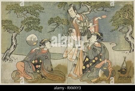 Gli attori Nakamura Nakazo I come Matsukaze (a destra), Ichikawa Komazo II come Ariwara no Yukihira (centro), e Iwai Hanshiro IV come Murasame (sinistra), nel gioco Kuni no hana ono nessun Itsumoji, eseguita presso il Teatro Nakamura nell'undicesimo mese, 1771. Katsukawa Shunsho ?? ??; Giapponese, 1726-1792. Data: 1767-1777. Dimensioni: 17,2 x 27,4 cm (6 3/4 x 10 13/16 in.). Colore stampa woodblock. Provenienza: Giappone. Museo: Chicago Art Institute. Foto Stock