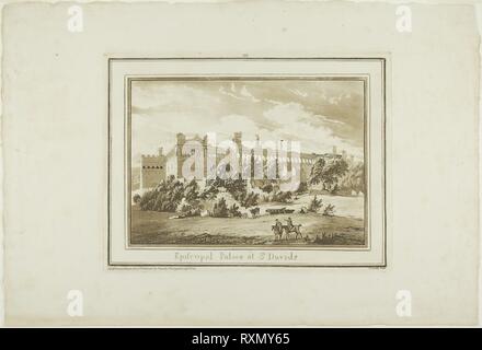 Palazzo vescovile a St. Davids, da dodici viste in Aquatinta da disegni presi in loco nel Galles del Sud. Paul Sandby; Inglese, 1731-1809. Data: 1773-1775. Dimensioni: 180 × 255 mm (nell'immagine); 239 × 315 mm (piastra); 357 × 525 mm (foglio). Incisione e acquatinta su avorio di cui la carta. Origine: Inghilterra. Museo: Chicago Art Institute. Foto Stock