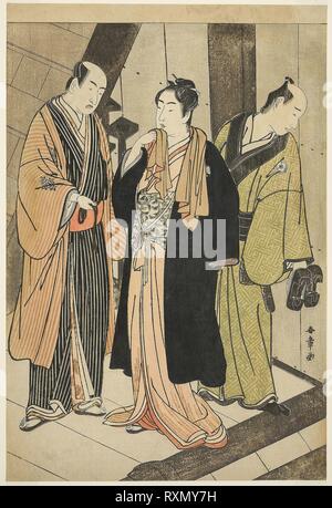 Gli attori Ichikawa Monnosuke II (sinistra), Iwai Hanshiro IV (centro), e Iwai Karumo (?) (destra), su un atterraggio dietro le quinte. Katsukawa Shunsho ?? ??; Giapponese, 1726-1792. Data: 1775-1788. Dimensioni: 37,5 x 26,2 cm (14 3/4 x 10 5/16 in.). Colore stampa woodblock; oban. Provenienza: Giappone. Museo: Chicago Art Institute. Foto Stock