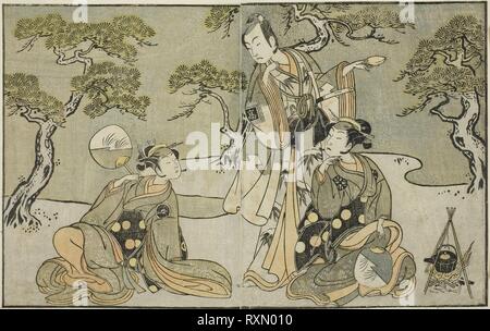 Gli attori Nakamura Nakazo I come Matsukaze (a destra), Ichikawa Komazo II come Ariwara no Yukihira (centro), e Iwai Hanshiro IV come Murasame (sinistra), nel gioco Kuni no hana ono nessun Itsumoji, eseguita presso il Teatro Nakamura nell'undicesimo mese, 1771. Katsukawa Shunsho ?? ??; Giapponese, 1726-1792. Data: 1767-1777. Dimensioni: 17,2 x 27,4 cm (6 3/4 x 10 13/16 in.). Colore stampa woodblock; dal libro illustrato Yakusha Kuni no hana (attori di spicco del Giappone). Provenienza: Giappone. Museo: Chicago Art Institute. Foto Stock