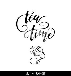 Frase manoscritta "tea time". Lettering illustrazione vettoriale. Illustrazione Vettoriale
