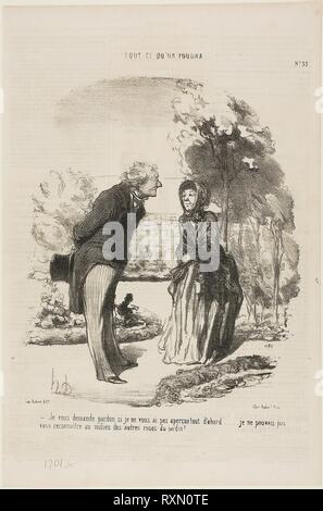 '- Mi dispiace di non riconoscere voi subito. Non ho potuto distinguere da tutte le altre rose!", piastra 55 da Tout ce qu'on Voudra. Honoré Daumier Victorin; francese, 1808-1879. Data: 1850. Dimensioni: 255 × 217 mm (nell'immagine); 367 × 244 mm (foglio). Litografia in nero su carta velina avorio della carta con la stampa tipografica verso. Provenienza: Francia. Museo: Chicago Art Institute. Autore: Honoré-Victorin Daumier. Foto Stock