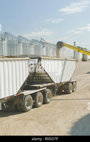 Un super B Granella carrello essendo caricato con orzo dal grano deposito bidoni vicino a St. Jean, Manitoba, Canada Foto Stock