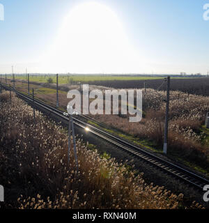 Tracciato ferroviario. Vista superiore sulle rotaie. Le linee elettriche ad alta tensione per i treni elettrici. Foto Stock