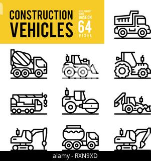 La costruzione del veicolo di trasporto e di delineare le icone. Pixel icona perfetta base di 64px. Illustrazione Vettoriale