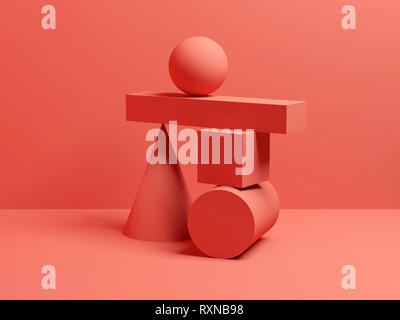 Equilibrio astratto red digital still life installazione con primitive forme geometriche. 3D render illustrazione Foto Stock