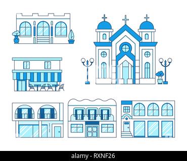 Line art insieme di case con balcone, chiesa, negozio cafe con sedie e tavoli all'aperto, cityscape concetto, town street, estate collezione, vettore Illustrazione Vettoriale