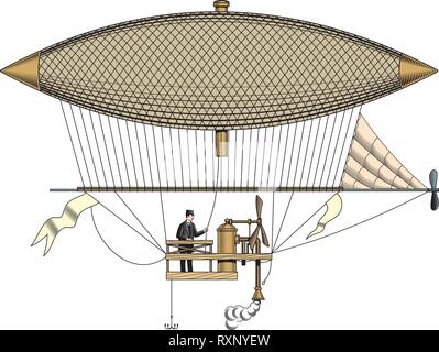 Aerostato vintage o zeppelin, isolato, stile di incisione illustrazione vettoriale. Illustrazione Vettoriale