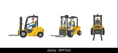 Carrello elevatore a forche con guida del lavoratore isolato su bianco illustrazione vettoriale Illustrazione Vettoriale