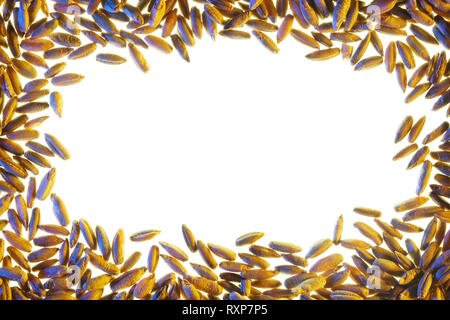 Bianco spazio libero è circondato da grano. Strato piatto con spazio per il testo. Vuoto sullo sfondo bianco. Sfondo bianco con grano Foto Stock