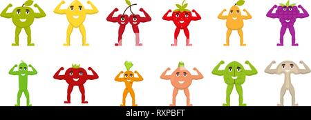 Frutta e verdura con le braccia e le gambe, caratteri piana, mostrano la mano bicipite, cibo sano, illustrazione vettoriale Illustrazione Vettoriale